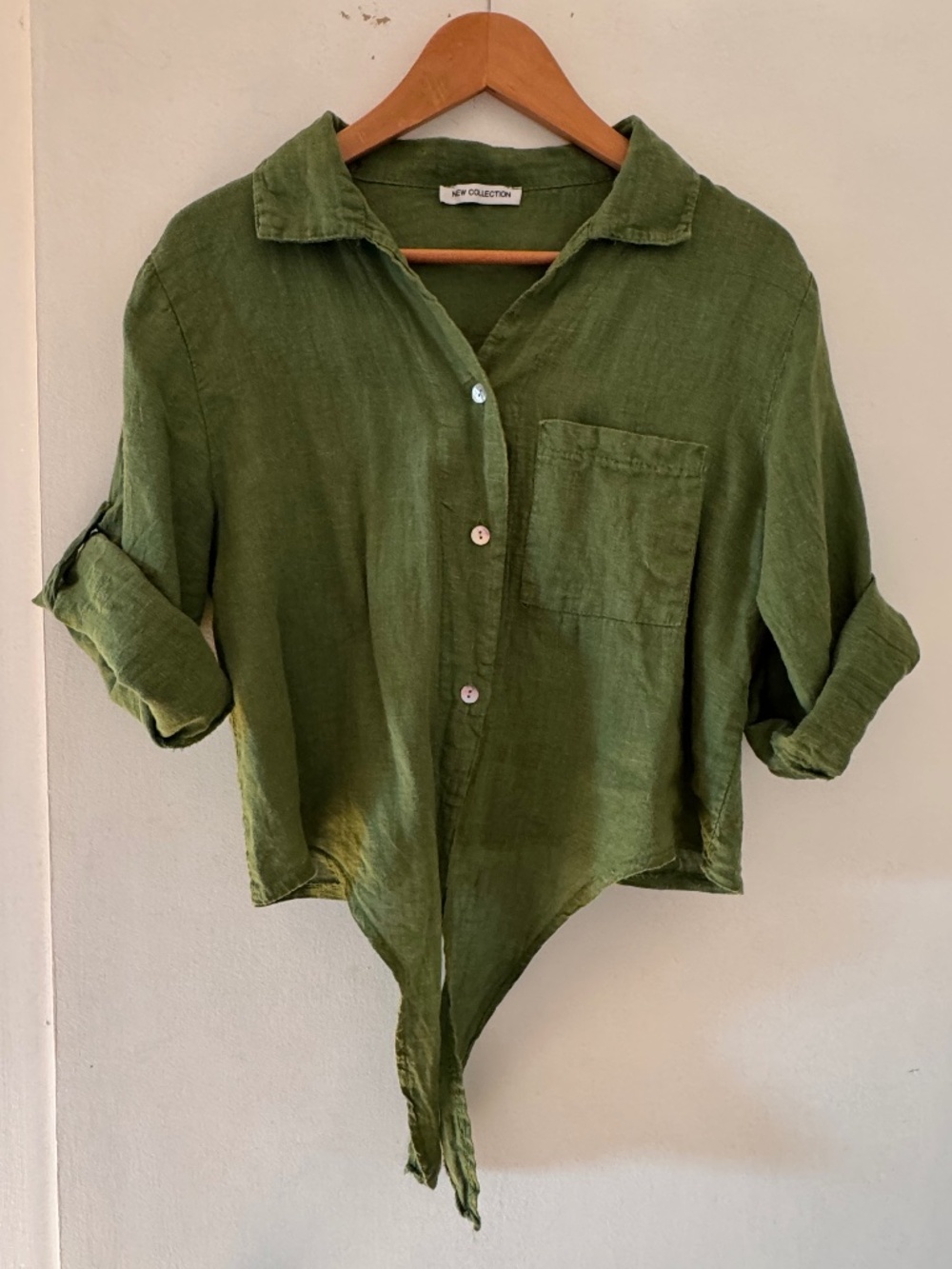 Olive Green Tie-Front Linen Blouse